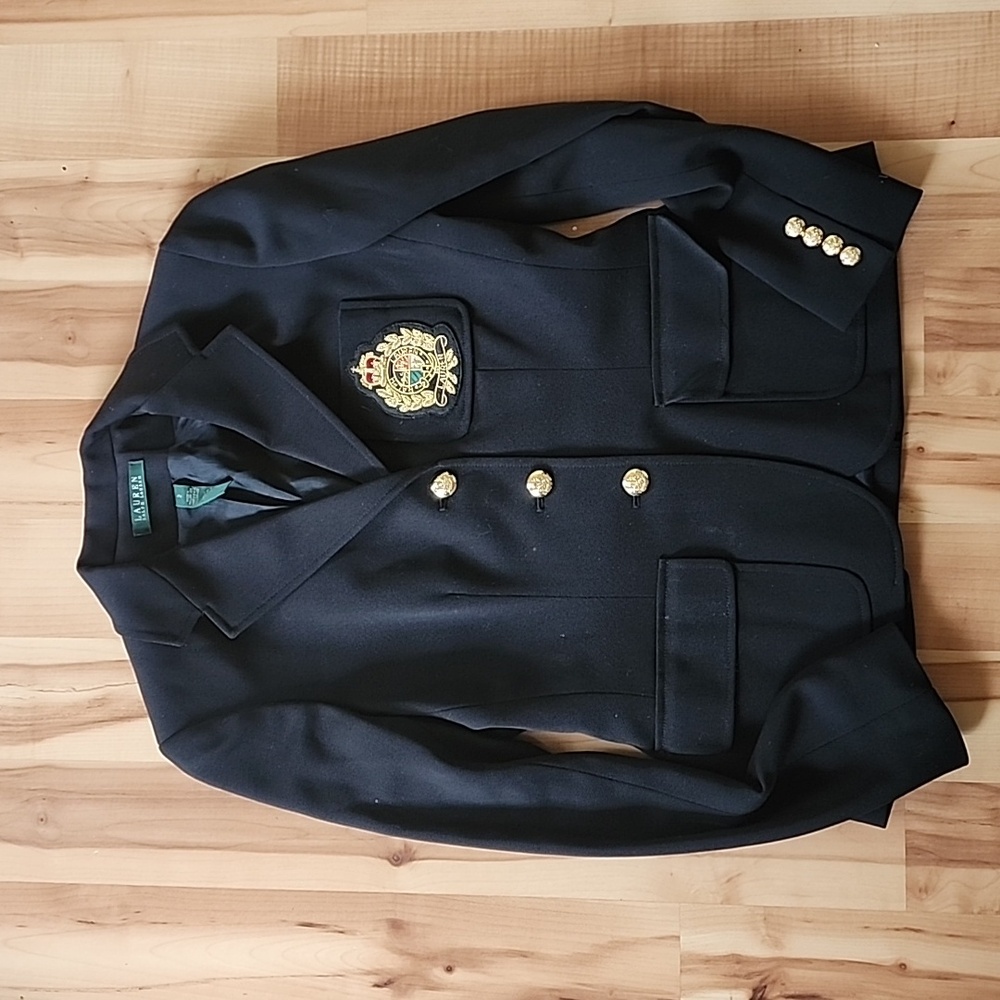 Laurent Ralph Lauren Wool Black Crest Emblem Blazer Jacket Size 2